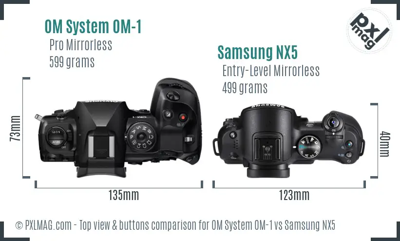 OM System OM-1 vs Samsung NX5 top view buttons comparison