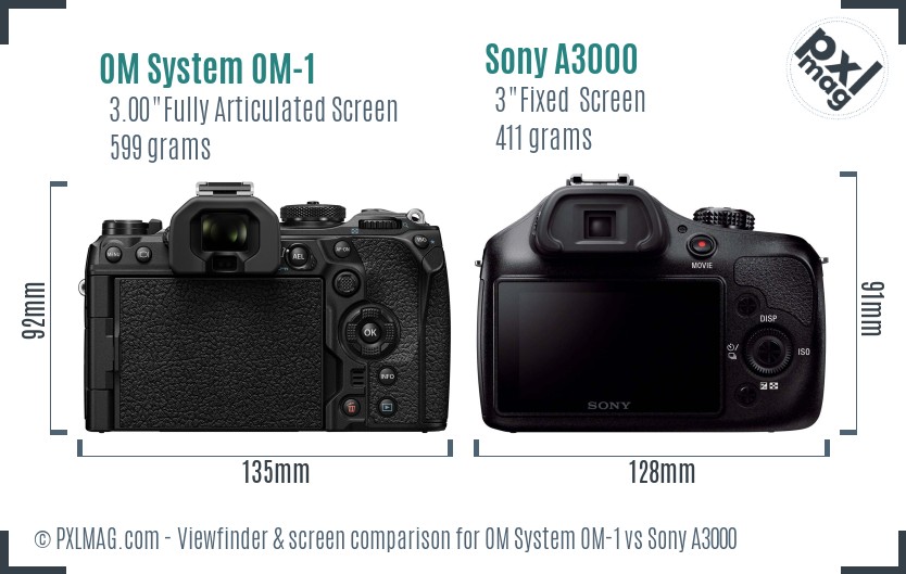 OM System OM-1 vs Sony A3000 Screen and Viewfinder comparison
