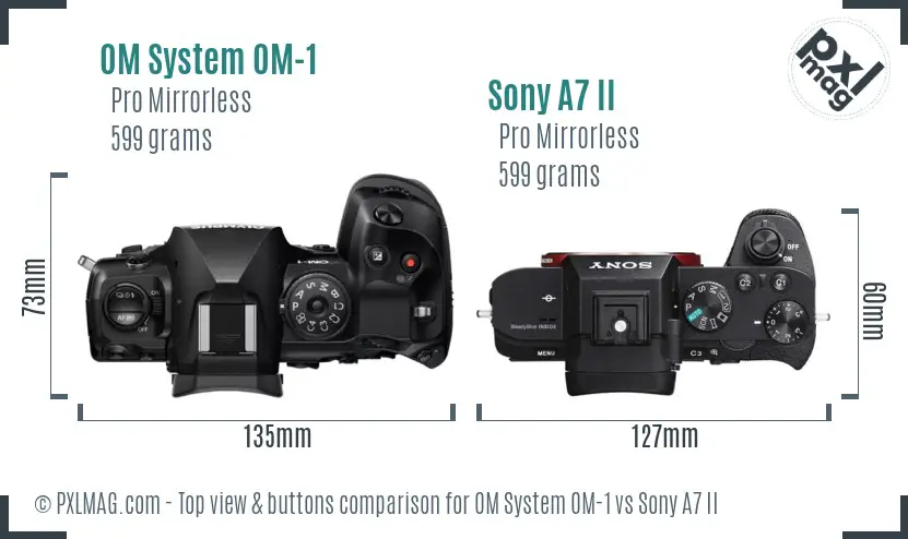 OM System OM-1 vs Sony A7 II top view buttons comparison
