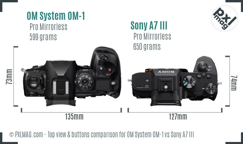 OM System OM-1 vs Sony A7 III top view buttons comparison