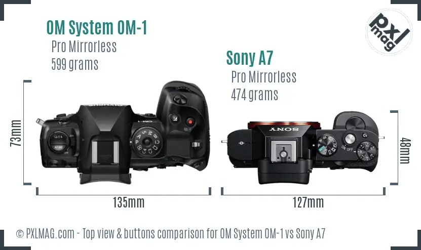 OM System OM-1 vs Sony A7 top view buttons comparison