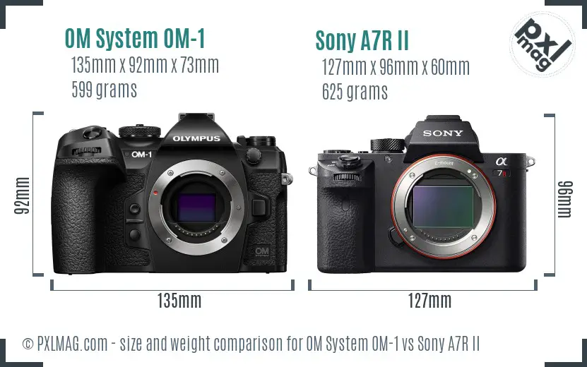 OM System OM-1 vs Sony A7R II size comparison