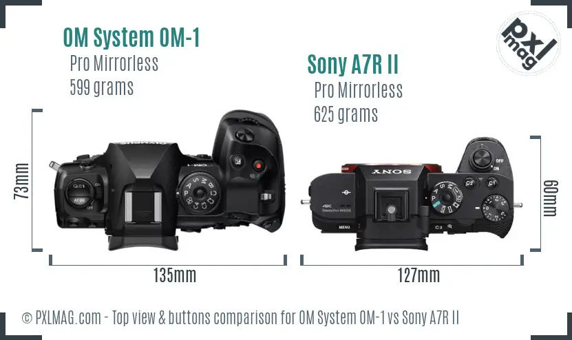 OM System OM-1 vs Sony A7R II top view buttons comparison