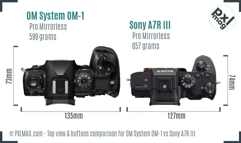 OM System OM-1 vs Sony A7R III top view buttons comparison OM System OM-1 vs Sony A7R III top view buttons comparison