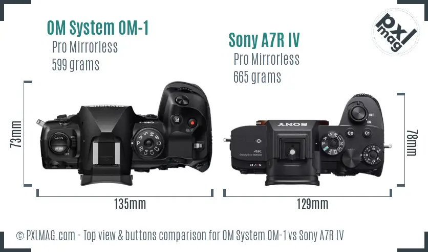OM System OM-1 vs Sony A7R IV top view buttons comparison