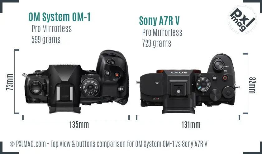 OM System OM-1 vs Sony A7R V top view buttons comparison
