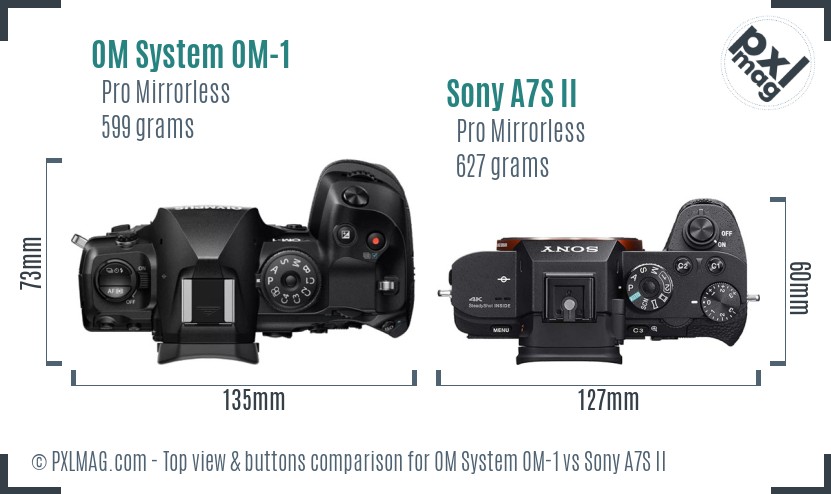 OM System OM-1 vs Sony A7S II top view buttons comparison