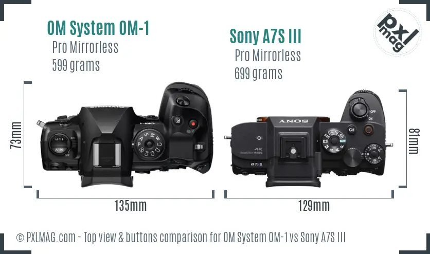 OM System OM-1 vs Sony A7S III top view buttons comparison