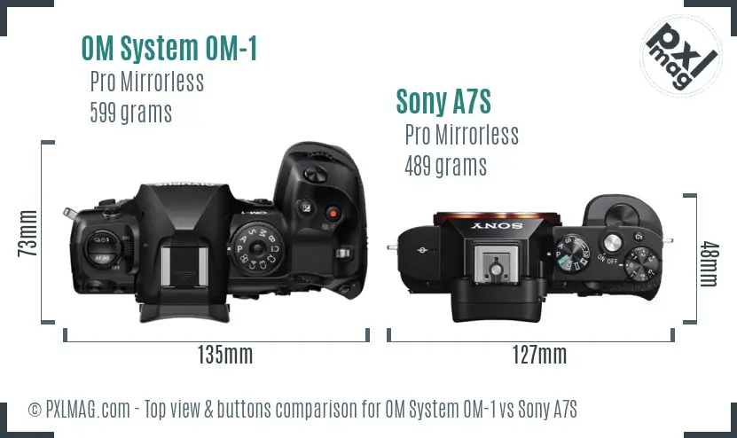 OM System OM-1 vs Sony A7S top view buttons comparison