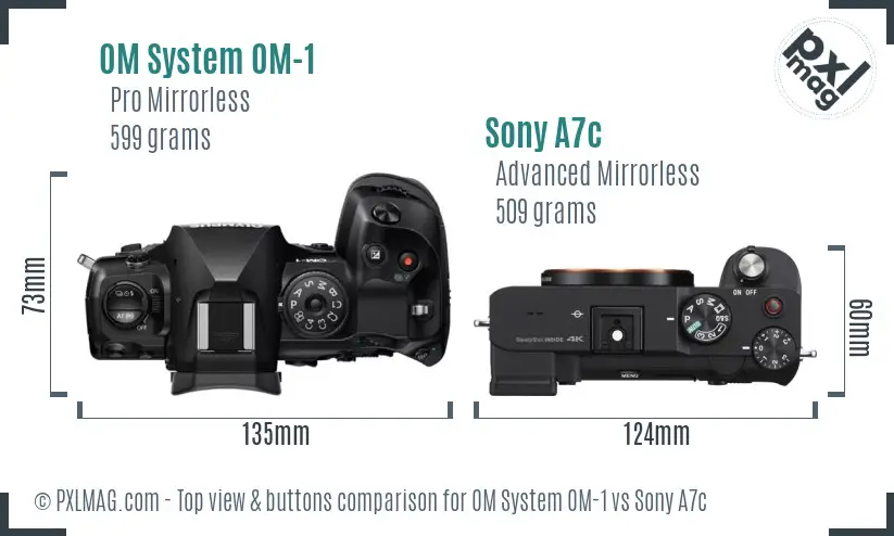 OM System OM-1 vs Sony A7c top view buttons comparison OM System OM-1 vs Sony A7c top view buttons comparison