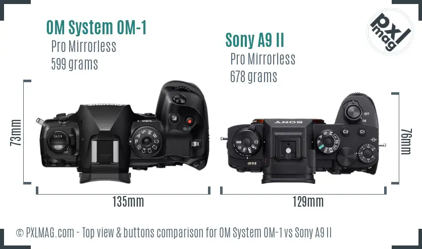 OM System OM-1 vs Sony A9 II top view buttons comparison