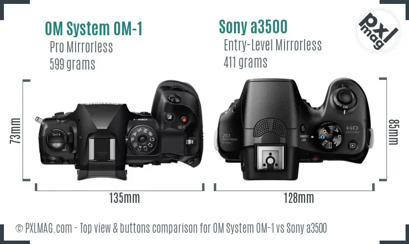 OM System OM-1 vs Sony a3500 top view buttons comparison