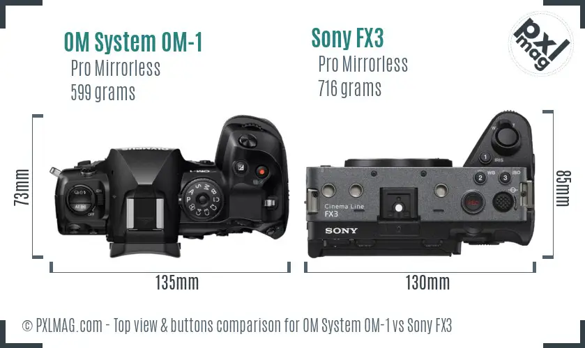 OM System OM-1 vs Sony FX3 top view buttons comparison