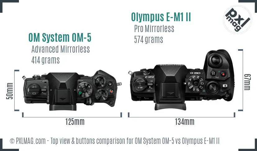 OM System OM-5 vs Olympus E-M1 II top view buttons comparison