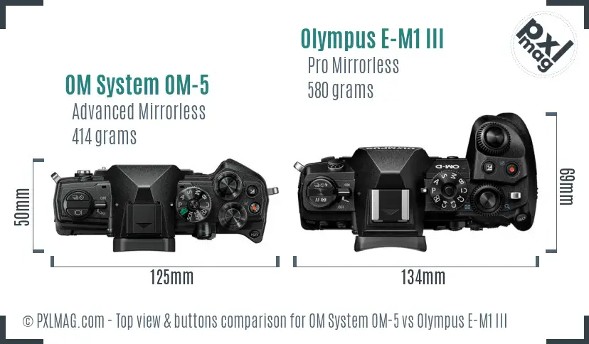 OM System OM-5 vs Olympus E-M1 III top view buttons comparison