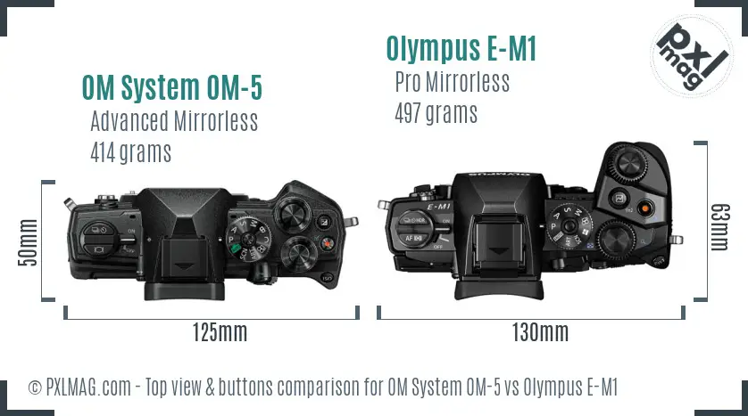 OM System OM-5 vs Olympus E-M1 top view buttons comparison OM System OM-5 vs Olympus E-M1 top view buttons comparison