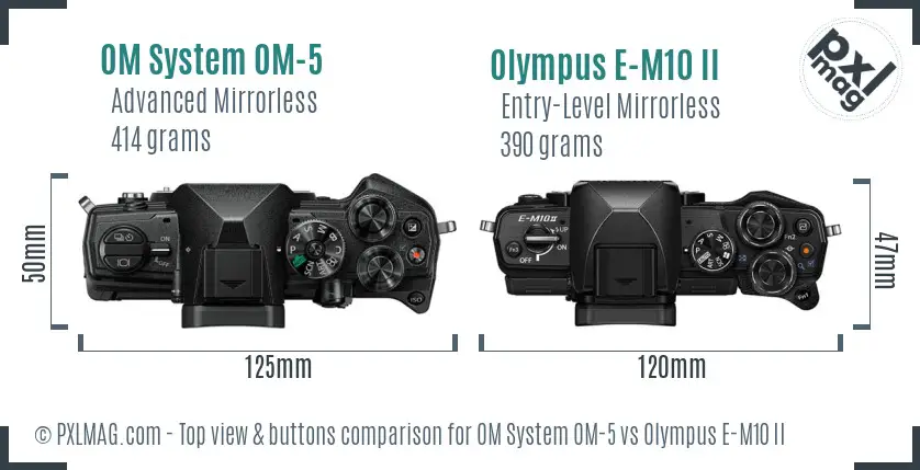OM System OM-5 vs Olympus E-M10 II top view buttons comparison OM System OM-5 vs Olympus E-M10 II top view buttons comparison