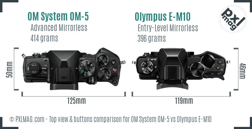 OM System OM-5 vs Olympus E-M10 top view buttons comparison OM System OM-5 vs Olympus E-M10 top view buttons comparison