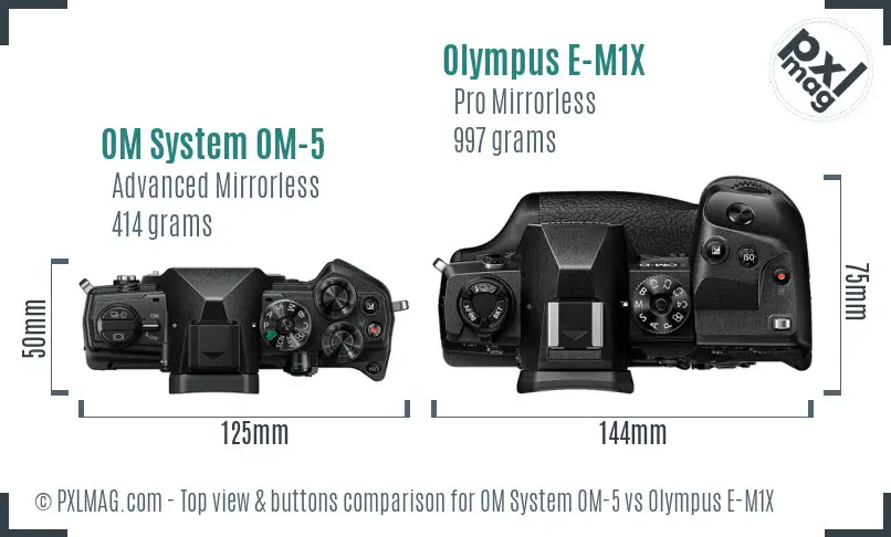 OM System OM-5 vs Olympus E-M1X top view buttons comparison