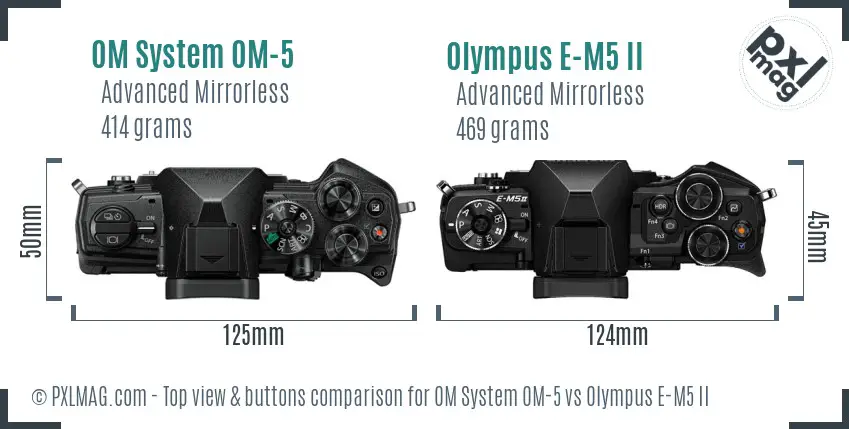 OM System OM-5 vs Olympus E-M5 II top view buttons comparison