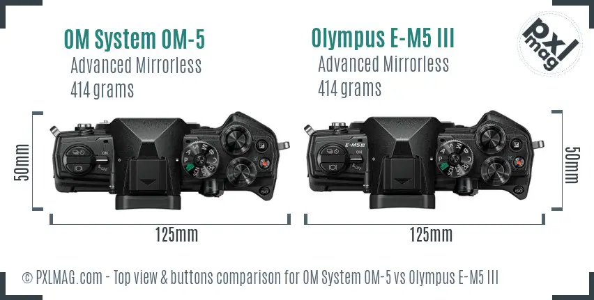OM System OM-5 vs Olympus E-M5 III top view buttons comparison