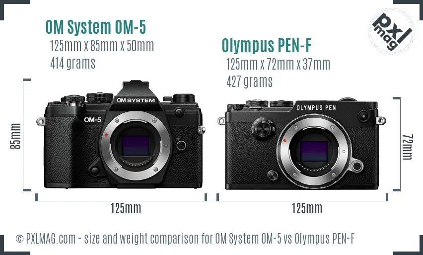 OM System OM-5 vs Olympus PEN-F size comparison