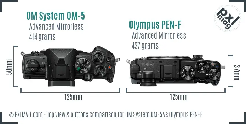 OM System OM-5 vs Olympus PEN-F top view buttons comparison