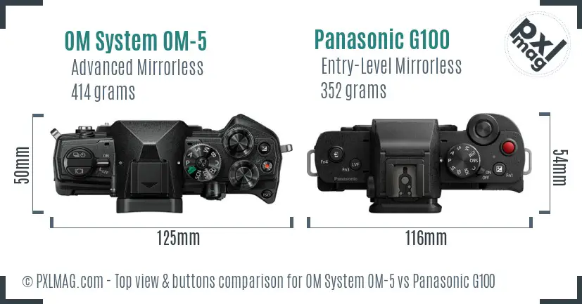 OM System OM-5 vs Panasonic G100 top view buttons comparison