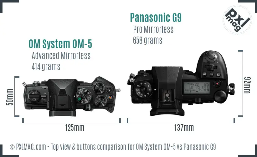 OM System OM-5 vs Panasonic G9 top view buttons comparison OM System OM-5 vs Panasonic G9 top view buttons comparison