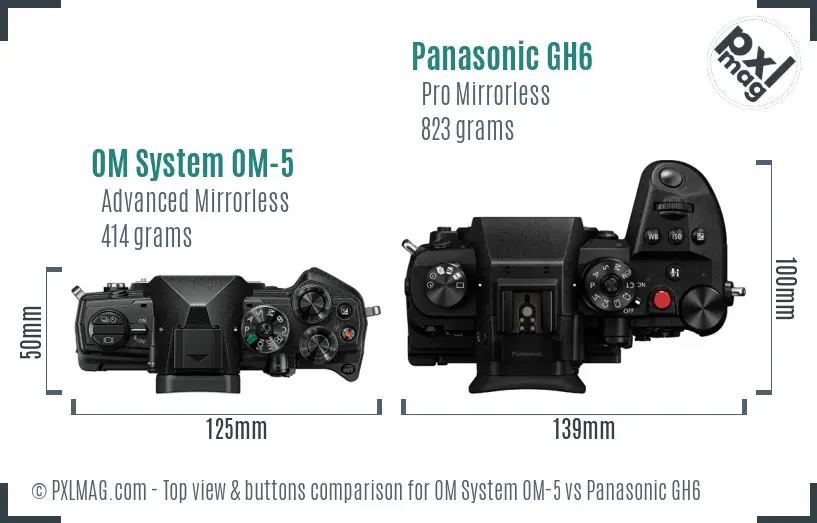 OM System OM-5 vs Panasonic GH6 top view buttons comparison