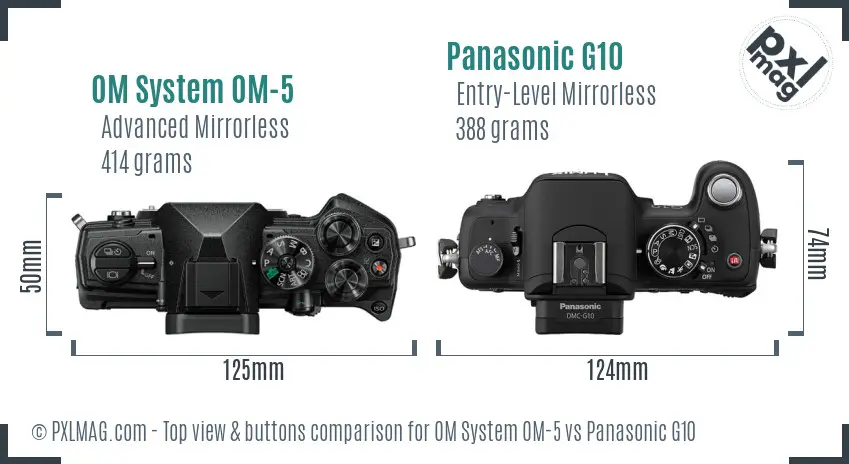 OM System OM-5 vs Panasonic G10 top view buttons comparison