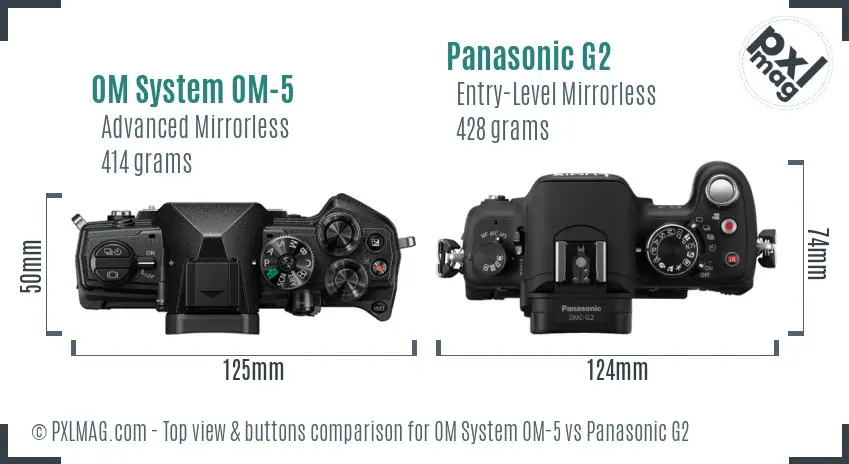 OM System OM-5 vs Panasonic G2 top view buttons comparison