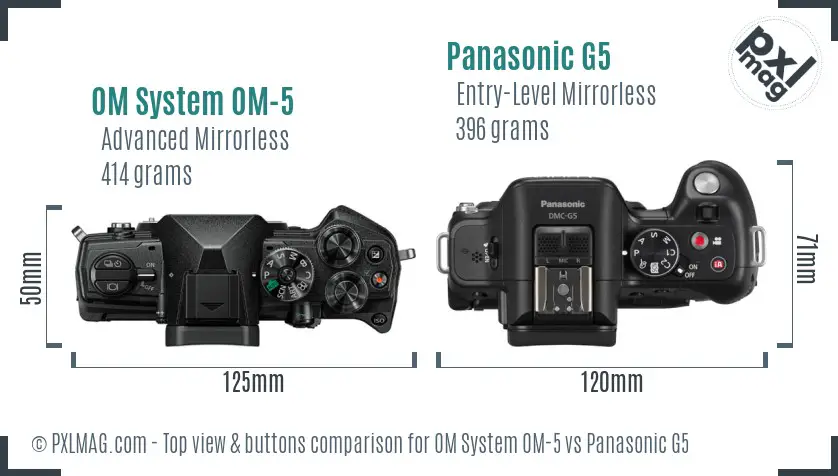 OM System OM-5 vs Panasonic G5 top view buttons comparison