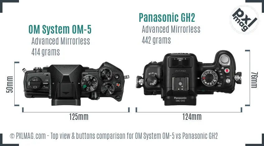 OM System OM-5 vs Panasonic GH2 top view buttons comparison