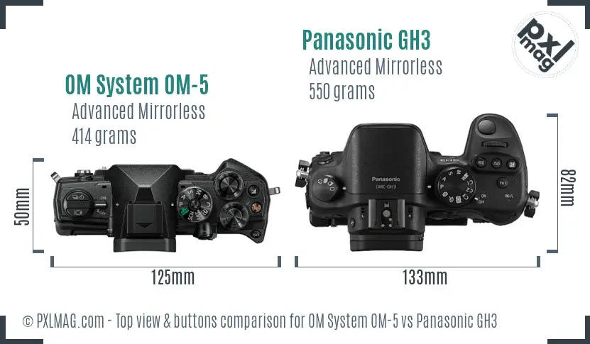 OM System OM-5 vs Panasonic GH3 top view buttons comparison