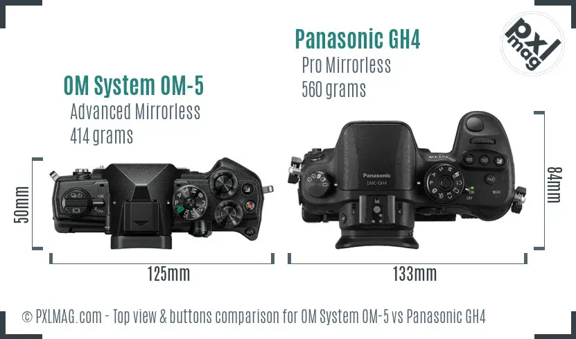 OM System OM-5 vs Panasonic GH4 top view buttons comparison