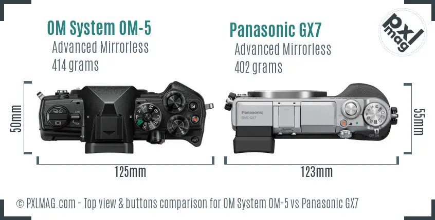 OM System OM-5 vs Panasonic GX7 top view buttons comparison