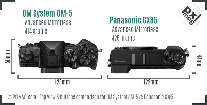 OM System OM-5 vs Panasonic GX85 top view buttons comparison OM System OM-5 vs Panasonic GX85 top view buttons comparison