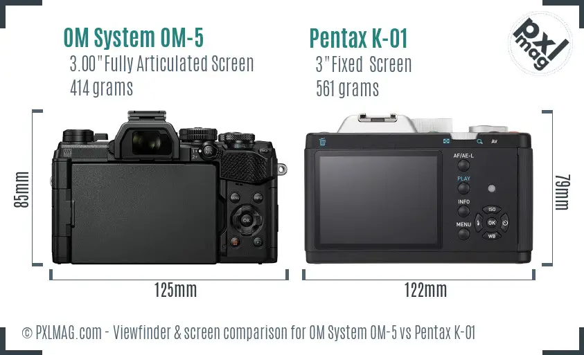 OM System OM-5 vs Pentax K-01 Screen and Viewfinder comparison