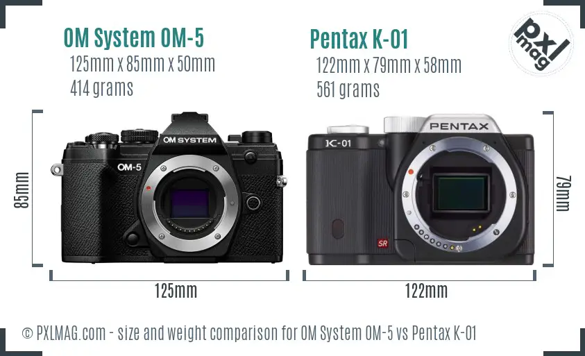 OM System OM-5 vs Pentax K-01 size comparison