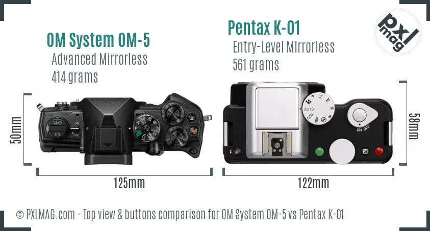 OM System OM-5 vs Pentax K-01 top view buttons comparison