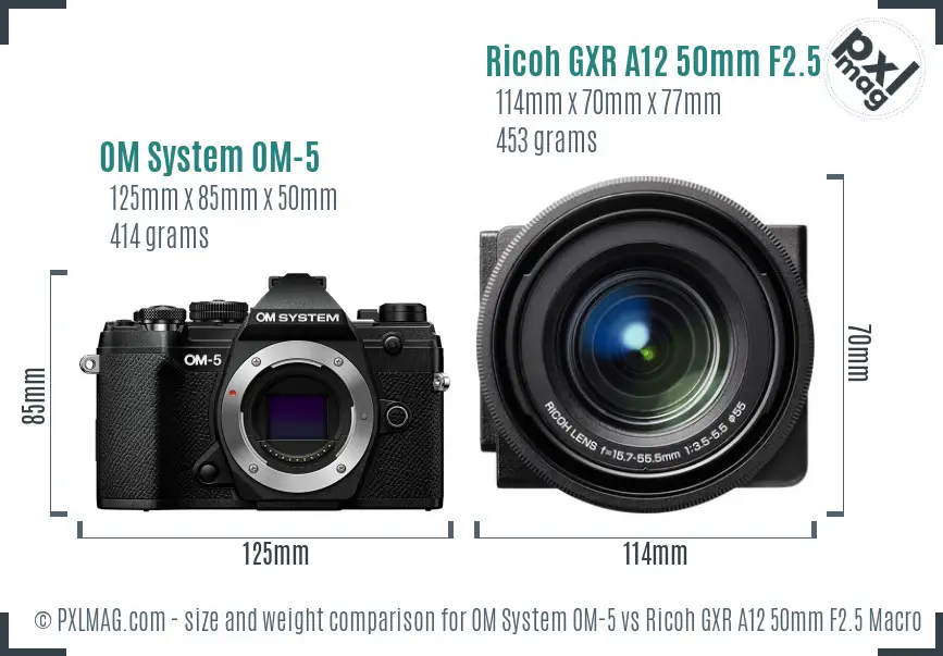 OM System OM-5 vs Ricoh GXR A12 50mm F2.5 Macro size comparison