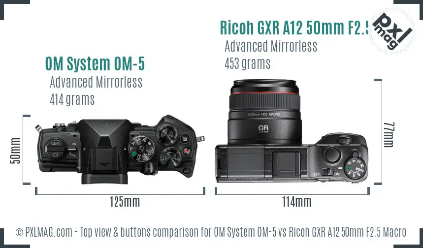 OM System OM-5 vs Ricoh GXR A12 50mm F2.5 Macro top view buttons comparison