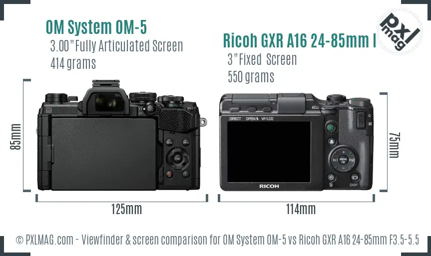 OM System OM-5 vs Ricoh GXR A16 24-85mm F3.5-5.5 Screen and Viewfinder comparison OM System OM-5 vs Ricoh GXR A16 24-85mm F3.5-5.5 Screen and Viewfinder comparison