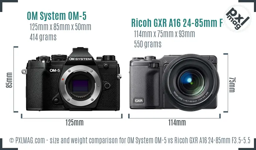 OM System OM-5 vs Ricoh GXR A16 24-85mm F3.5-5.5 size comparison OM System OM-5 vs Ricoh GXR A16 24-85mm F3.5-5.5 size comparison