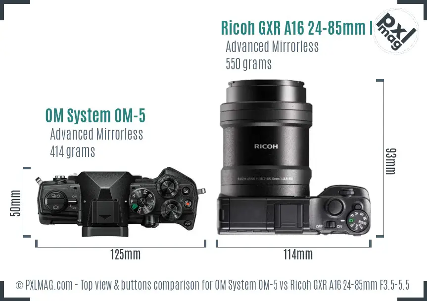 OM System OM-5 vs Ricoh GXR A16 24-85mm F3.5-5.5 top view buttons comparison OM System OM-5 vs Ricoh GXR A16 24-85mm F3.5-5.5 top view buttons comparison