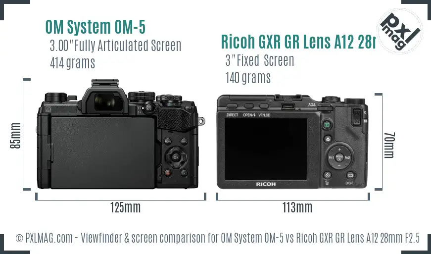 OM System OM-5 vs Ricoh GXR GR Lens A12 28mm F2.5 Screen and Viewfinder comparison