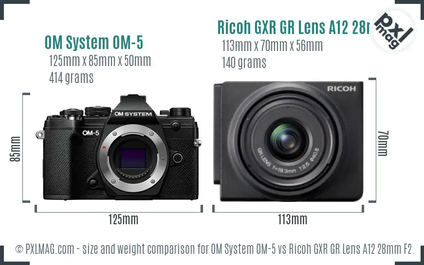 OM System OM-5 vs Ricoh GXR GR Lens A12 28mm F2.5 size comparison