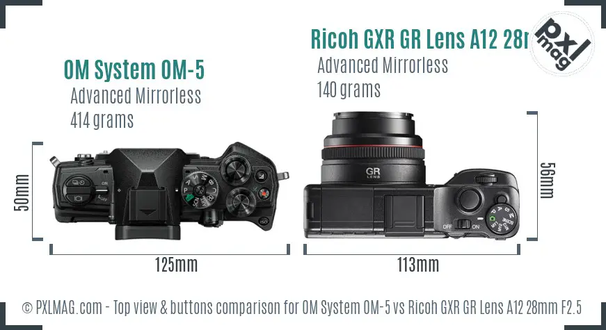 OM System OM-5 vs Ricoh GXR GR Lens A12 28mm F2.5 top view buttons comparison