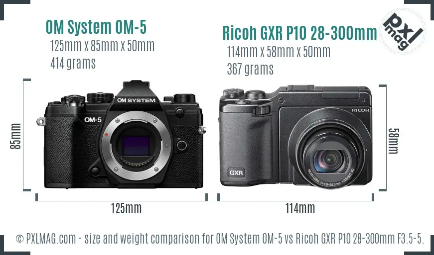 OM System OM-5 vs Ricoh GXR P10 28-300mm F3.5-5.6 VC size comparison